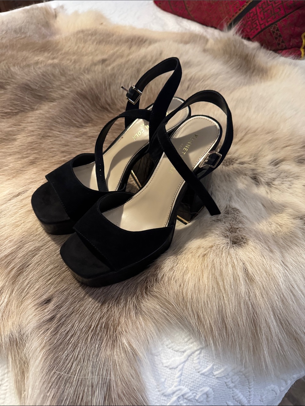 Kenneth Cole New York Black Suede Platform Block Heel Sandals with Slingback